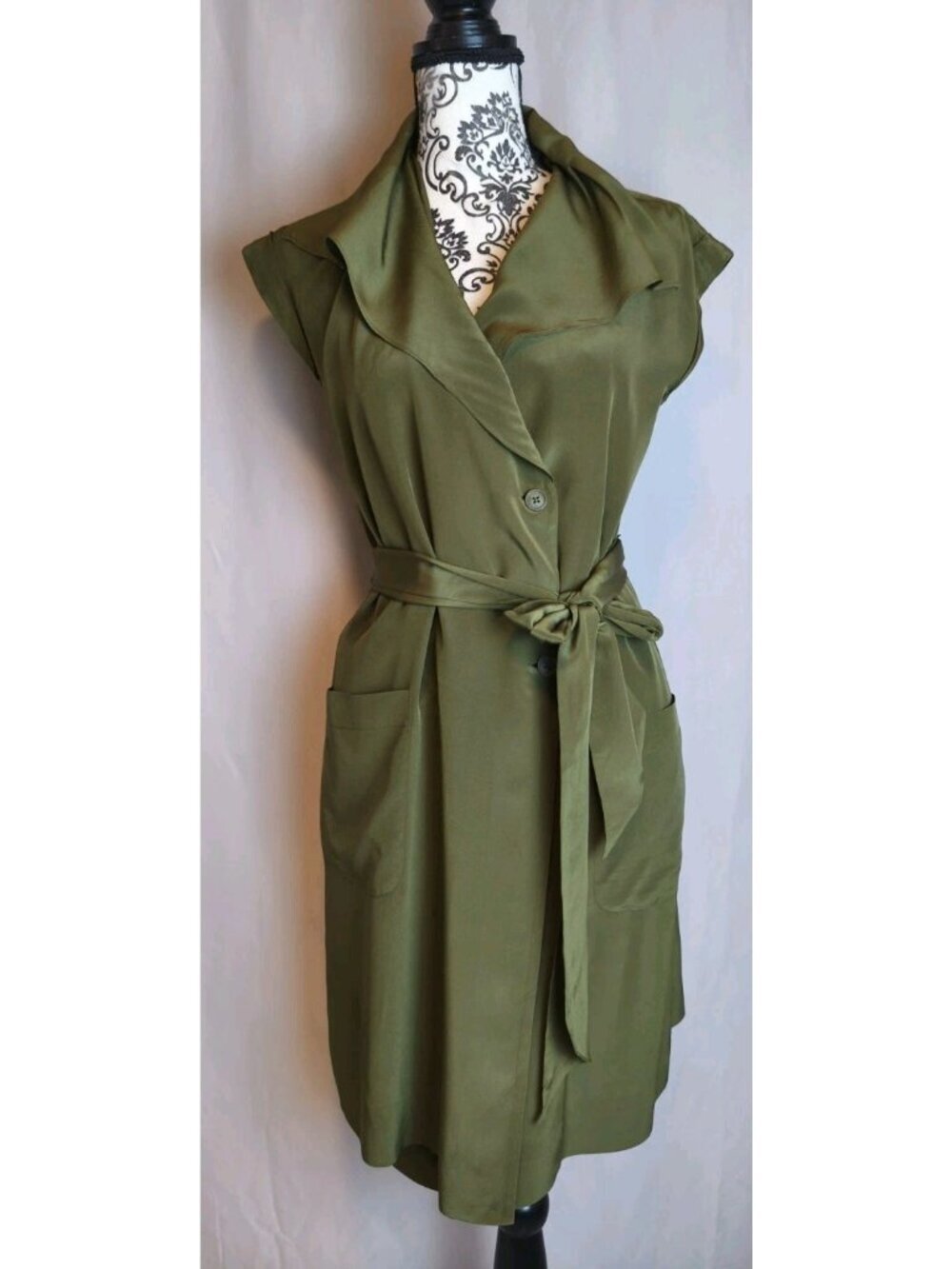 Anthropologie Maeve 100% Silk Wrap Dress Sz 6 Olive Green Belted Cap Sleeve